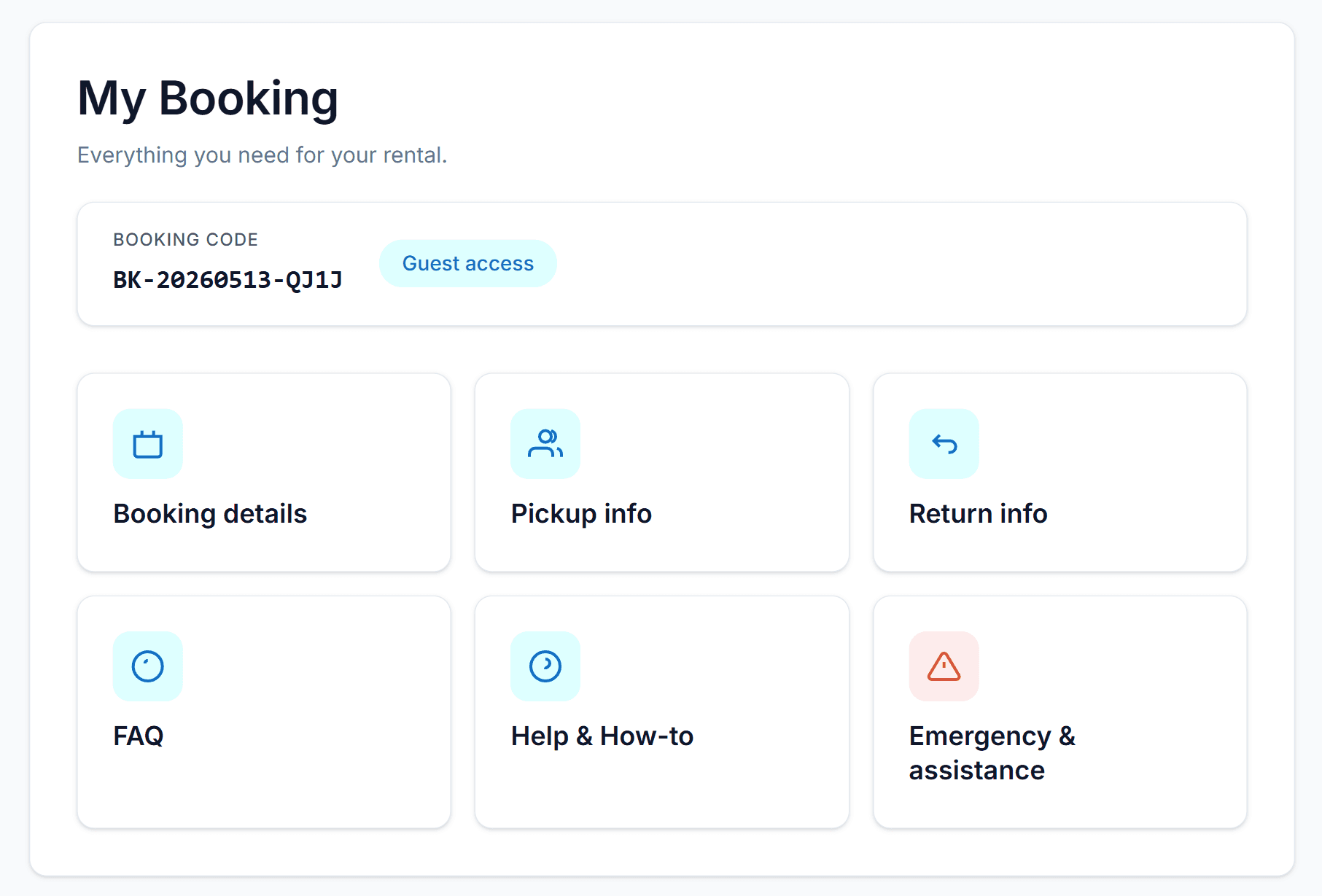 CamperFlow guest booking portal — pickup instructions and vehicle guide